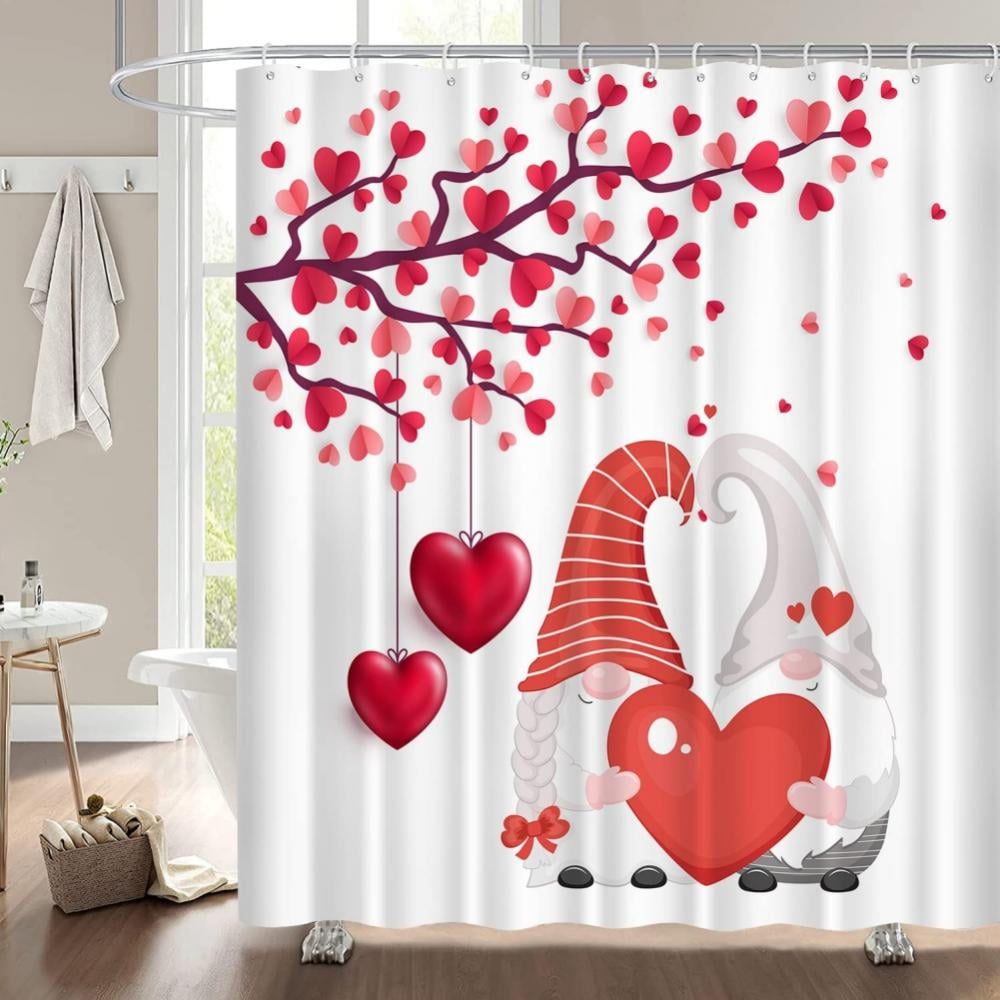 Valentine's Day Shower Curtain with 12 Hooks,Romantic Gnome Couple Red