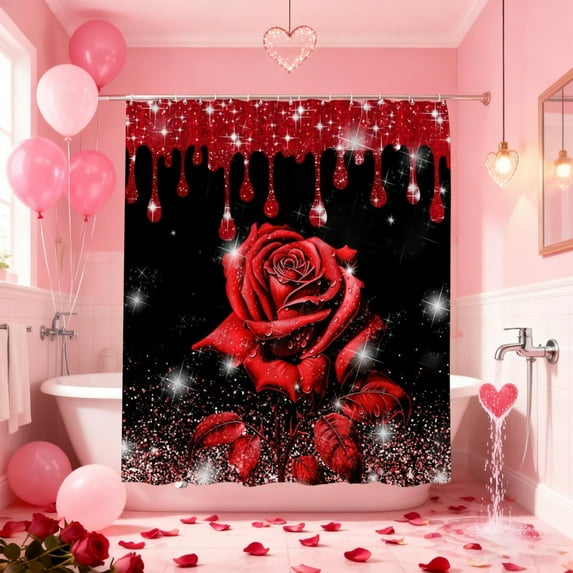 Valentine's Day Shower Curtain with Hooks - Waterproof Curtain with Heart-Shaped Rose Print, Romantic Bathroom Decor Washable Shower Liner