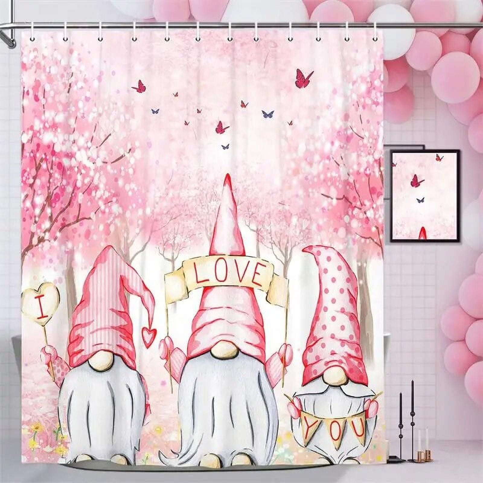 Valentine's Day Shower Curtains Cute Cartoon Elf Red Heart Trees