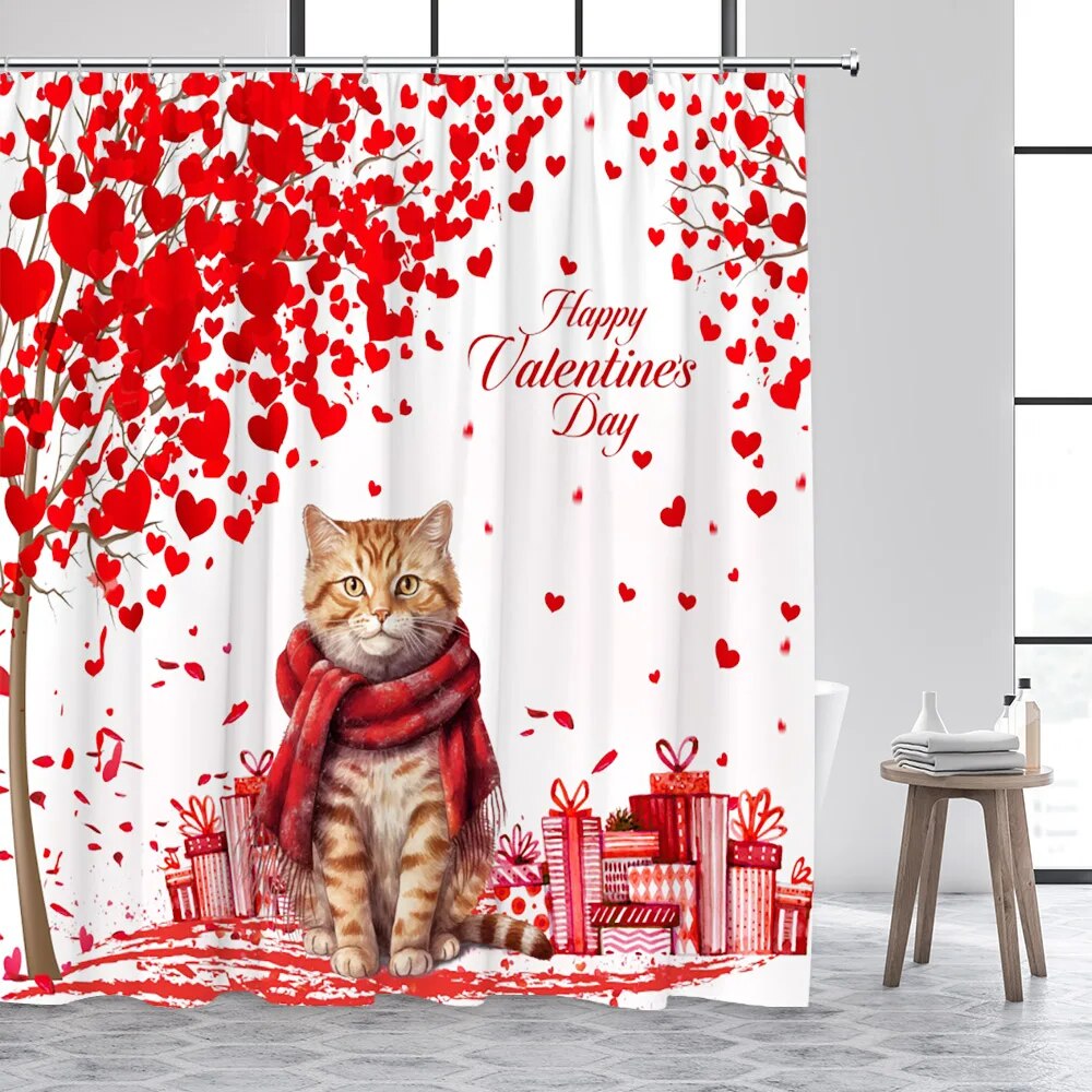 Valentine's Day Shower Curtains Cute Cartoon Elf Red Heart Trees