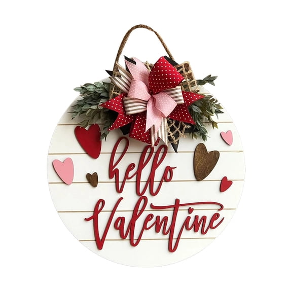 Valentine's Day Sign Wreath for Front Door Decor,11.8'' Hello Valentine Hanging Sign Decor, Holiday Rustic Farmhouse Wood Door Hanger for Home Porch Wall Indoor Outdoor(Red)