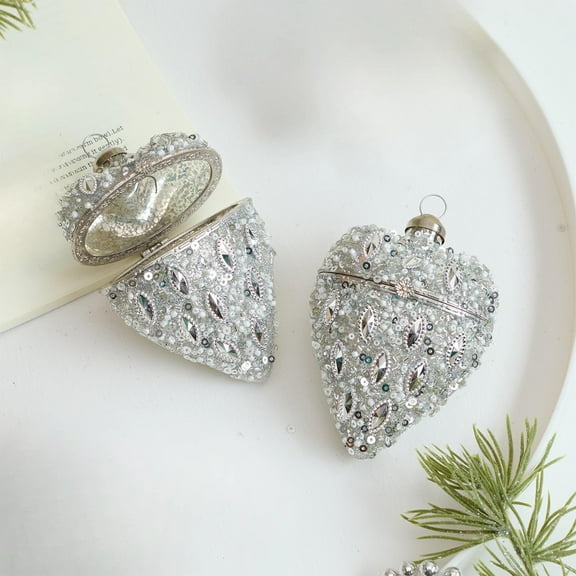 Valentine’s Day Silver Sequin Glass Heart Box Decorative Hanging Ornament with Hinged Lid for Jewelry Storage, Gift Keepsake Valentine Decor for Her Home Tree Door