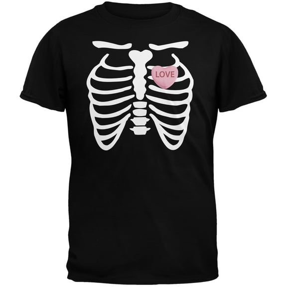 Valentine's Day Skeleton Love Candy Heart Black Adult T-Shirt - Medium