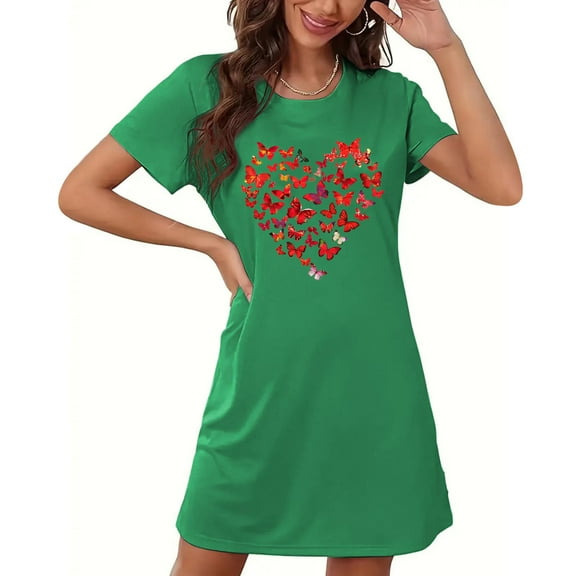 Valentine's Day Sleep Shirts for Women Soft Short Sleeve Nightshirts Sleepwear Loose Fitting Heart Print Nightgowns Short Dress Green M