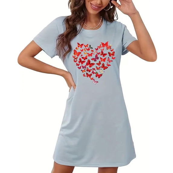 Valentine's Day Sleep Shirts for Women Soft Short Sleeve Nightshirts Sleepwear Loose Fitting Heart Print Nightgowns Short Dress Light Blue L