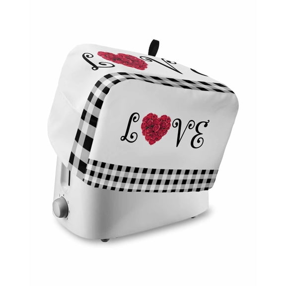 Valentine's Day Small Toaster Cover 2 Slice, Kitchen Appliance Covers, LOVE Romantic Red Roses Black Buffalo Plaid Toaster Oven Cover with Loop, Bread Machine Cover Polyester Dust Cover Protection