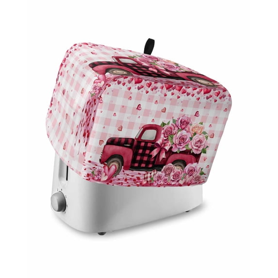 Valentine's Day Small Toaster Cover 2 Slice, Kitchen Appliance Covers, Pink Romantic Truck Love Roses Red Plaid Toaster Oven Cover with Loop, Bread Machine Cover Polyester Dust Cover Protection