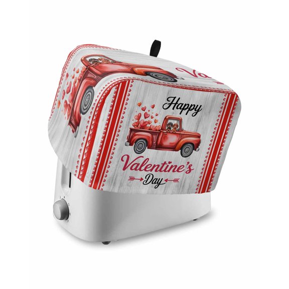 Valentine's Day Small Toaster Cover 2 Slice, Kitchen Appliance Covers, Red Romantic Love Truck Dogs Wooden Toaster Oven Cover with Loop, Bread Machine Cover Polyester Dust Cover Protection