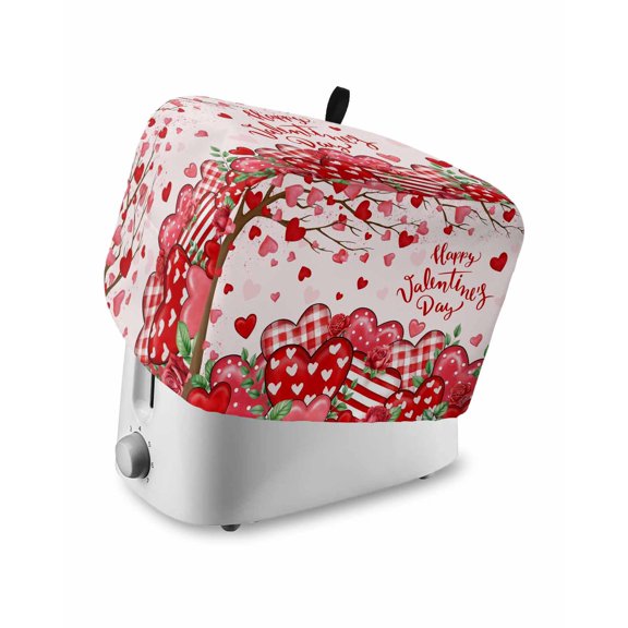 Valentine's Day Small Toaster Cover 2 Slice, Kitchen Appliance Covers, Red Striped Love Heart Tree Romantic Toaster Oven Cover with Loop, Bread Machine Cover Polyester Dust Cover Protection