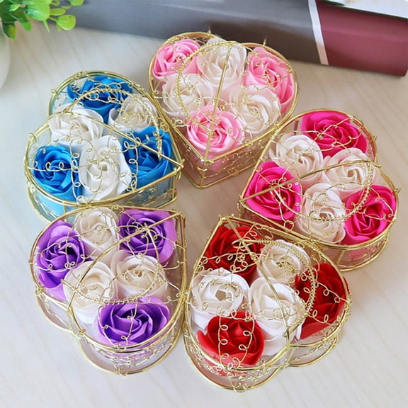 Valentine’s Day Soap Flower Gift Basket – 6 Blue Roses in Iron Frame, Aromatic Decorative Ornament for Home, Desktop, or Romantic Gifting