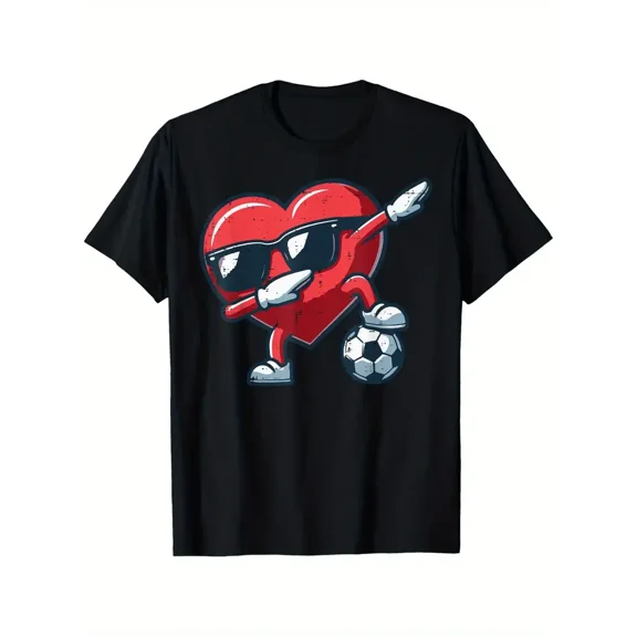 Valentine's Day Soccer Heart Dab T-Shirt - Unisex 100% Cotton Short-Sleeve Tee with Fun Football & Heart Design, Perfect for All Seasons, Casual Wear, S-XXXL, Casual Casual