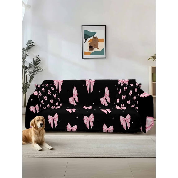 Valentine's Day Sofa Covers for 2-3 Cushion Couch L-Shaped Sectional, Pink Bows Shining Stars Modern Black Washable Sofa Covers Slipcover for Living Room Furniture, Couch Cover Blanket 71"x134"