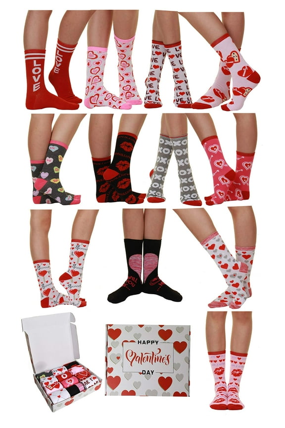 Valentine's Day Soft Crew Socks XOXO Kiss Hug Love Prints, Women's Size 9-11(12 Pair Crew)