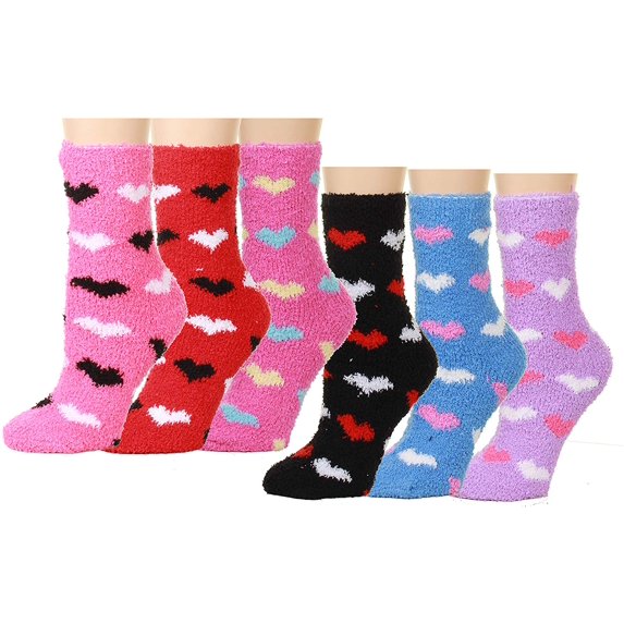 Valentine's Day Soft Crew Socks XOXO Kiss Hug Love Prints, Women's Size 9-11(6 Pairs) (6 Pairs Fuzzy Hearts)