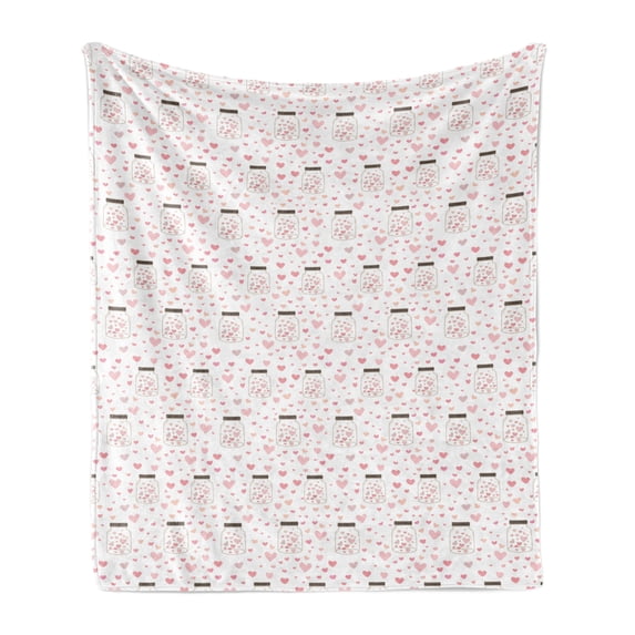 Valentine's Day Soft Flannel Fleece Blanket, Doodle Style Romantic Hearts in and Around Jars Love Themed, Cozy Plush for Indoor and Outdoor Use, 70" x 90", Rose Dark Taupe and White, by Ambesonne