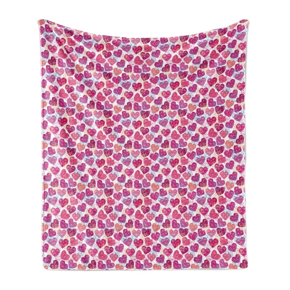 Valentine's Day Soft Flannel Fleece Blanket, Hearts in Geometric Polygonal Design Romantic Modern Pattern, Cozy Plush for Indoor and Outdoor Use, 50" x 60", Pink Fuchsia and Salmon, by Ambesonne