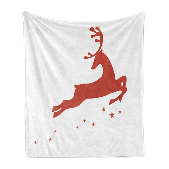 Valentine's Day Soft Flannel Fleece Blanket, Jumping Reindeer Leaving a Starry Trace Behind Popular Christmas Character, Cozy Plush for Indoor and Outdoor Use, 50" x 70", White Red, by Ambesonne