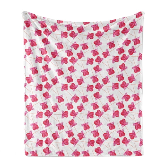 Valentine's Day Soft Flannel Fleece Blanket, Romantic Style Watercolor Design Heart Shaped Lollipops with Bows, Cozy Plush for Indoor and Outdoor Use, 50" x 70", White and Multicolor, by Ambesonne