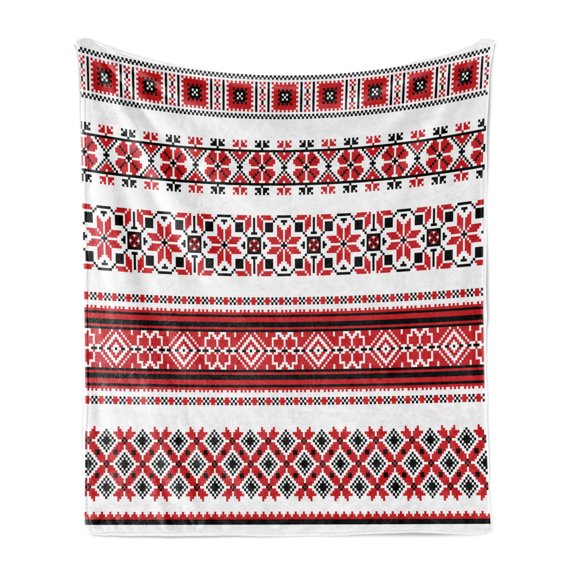 Valentine's Day Soft Flannel Fleece Blanket, Ukrainian Needlework Illustration Traditional Accents Arts and Crafts, Cozy Plush for Indoor and Outdoor Use, 50" x 60", White Black Red, by Ambesonne