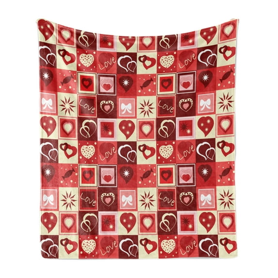 Valentine's Day Soft Flannel Fleece Blanket, Valentines Day Themed Frames Pattern with Hearts Stars Love Lettering, Cozy Plush for Indoor and Outdoor Use, 60" x 80", Beige Coral Red, by Ambesonne