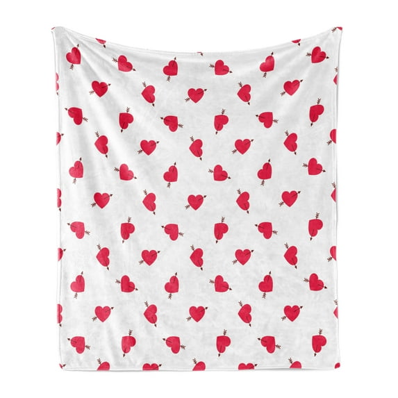 Valentine`s Day Soft Flannel Fleece Throw Blanket, Cartoon Hearts with Arrows Love Passion and Romance Pattern, Cozy Plush for Indoor and Outdoor Use, 60" x 80", Dark Coral Brown White, by Ambesonne