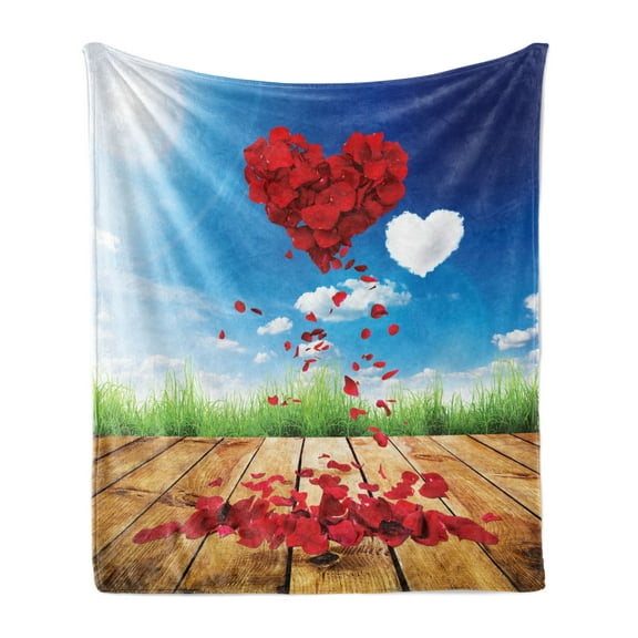 Valentine's Day Soft Flannel Fleece Throw Blanket, Fallen Rose Petal Leaves Heart Nature Sky, Cozy Plush for Indoor and Outdoor Use, 60" x 80", Multicolor Vermilion, by Ambesonne