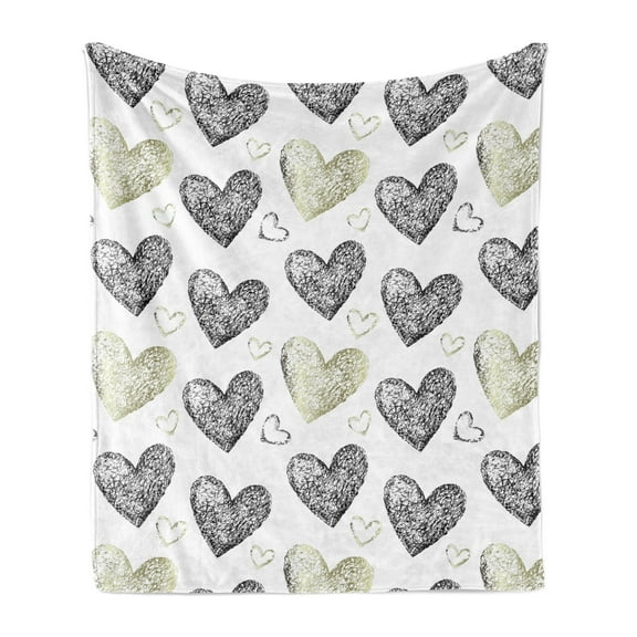 Valentine's Day Soft Flannel Fleece Throw Blanket, Modern Design Hand Drawn Scribbled Heart Motifs, Cozy Plush for Indoor and Outdoor Use, 50" x 70", Grey Olive Green, by Ambesonne