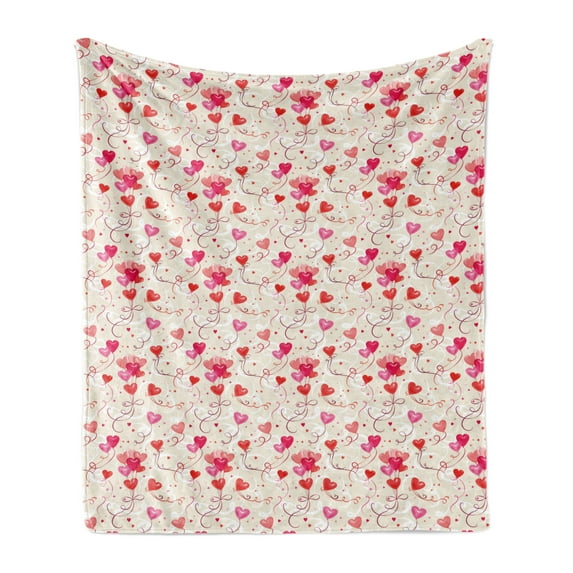 Valentine's Day Soft Flannel Fleece Throw Blanket, Print of Heart Shaped Balloons Flying Up with Mini Hearts, Cozy Plush for Indoor and Outdoor Use, 60" x 80", Eggshell Vermilion, by Ambesonne