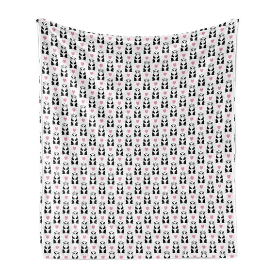 Valentine's Day Soft Flannel Fleece Throw Blanket, Romantic Pandas Hearts Doodle Love Theme Art Pattern, Cozy Plush for Indoor and Outdoor Use, 50" x 60", Charcoal Grey Pink and White, by Ambesonne