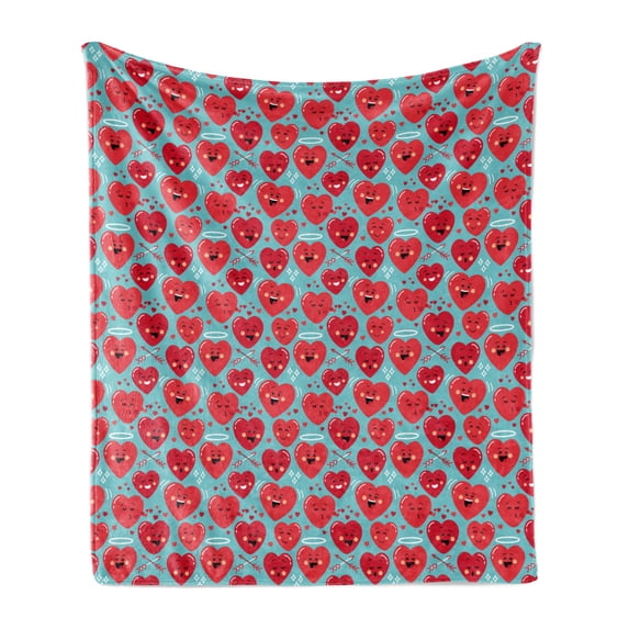 Valentine's Day Soft Flannel Fleece Throw Blanket, Smiling Funny Cartoon Characters on Turquoise Backdrop, Cozy Plush for Indoor and Outdoor Use, 60" x 80", Grey Dark Coral, by Ambesonne