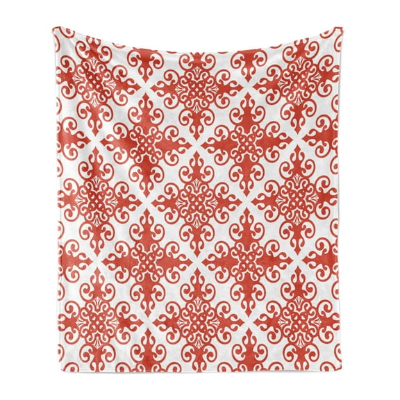 Valentine's Day Soft Flannel Fleece Throw Blanket, Western Style Floral Scroll Motif Swirled Lines Antique Royal Ornament, Cozy Plush for Indoor and Outdoor Use, 50" x 70", White Red, by Ambesonne