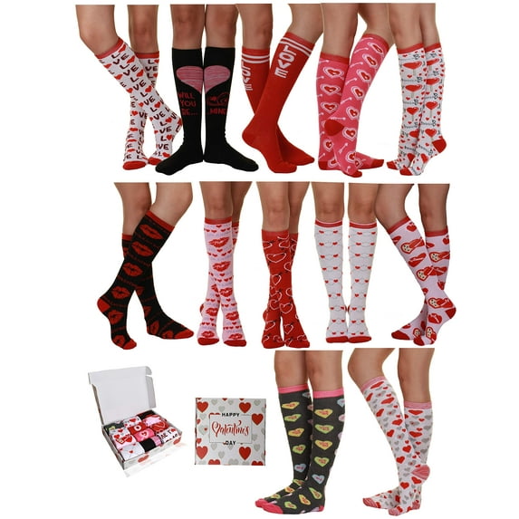 Valentine's Day Soft knee High Socks XOXO Kiss Hug Love Prints, Women's Size 9-11 (12 Pair knee High)