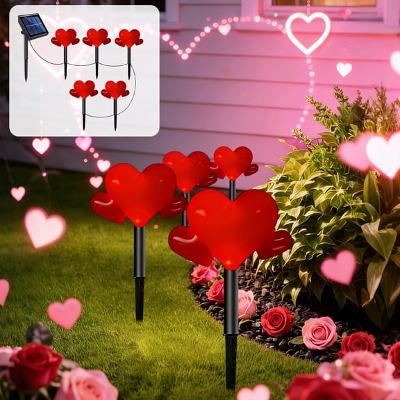Valentine’s Day Solar Lights – 5 LED Heart String Lights, Outdoor Waterproof Garden Yard Decor, Auto On/Off Solar Powered Romantic Holiday Decoration