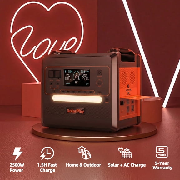 Valentine's Day! SolarPlay Portable Power Station 2500W(Peak 4800W), 2304Wh Solar Generator 1.5Hrs Fast Charging LiFePO4 Battery, Emergency Power Station for Home, Camping, Outdoor Battery Backup