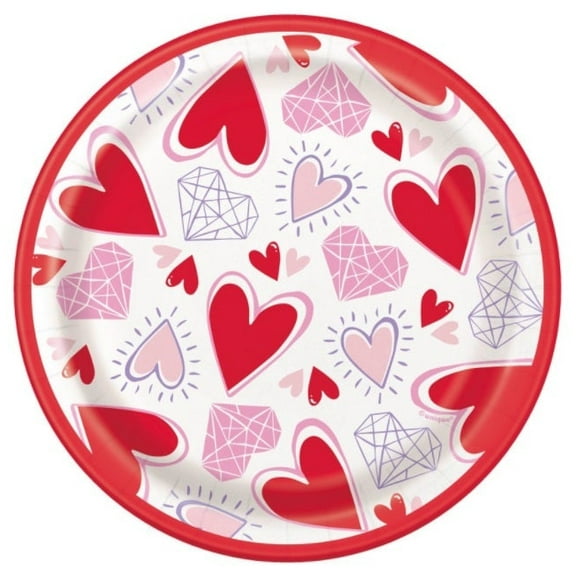 Various Sparkling Hearts Valentine's Day Disposable Paper Plates, 7", 8 Count