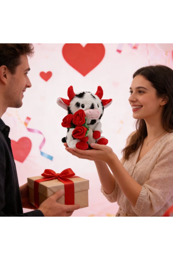 Valentine’s Day Spotted Calf Plush Ornament With Bouquet, Romantic Gift For Home Decor, Tabletop Accent For Living Room Bedroom Office, Cute Photo Prop For Seasonal Celebrations