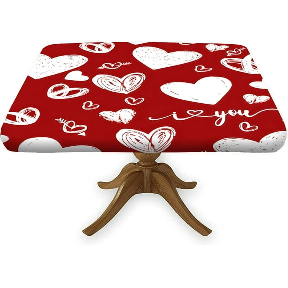 Valentine''s Day Square Fitted Table Cover, White Heart on Red Background Elastic Edge Decorative Polyester Tablecloths, Suitable for Catering and Kitchen Outdoor Picnic, Fit for 42"x42" Square Table