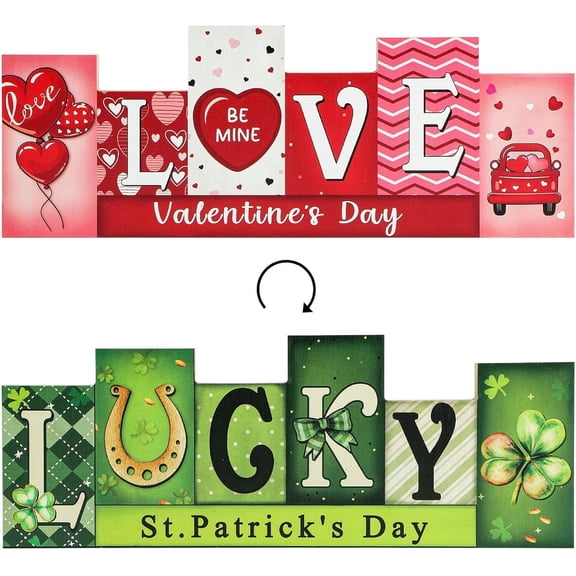Valentine's Day & St. Patrick's Day Wooden Table Sign - LUCKY LOVE Reversible Tabletop Decor - Rustic Double-Sided Different Theme Irish Farmhouse Table Centerpiece(1Pcs)