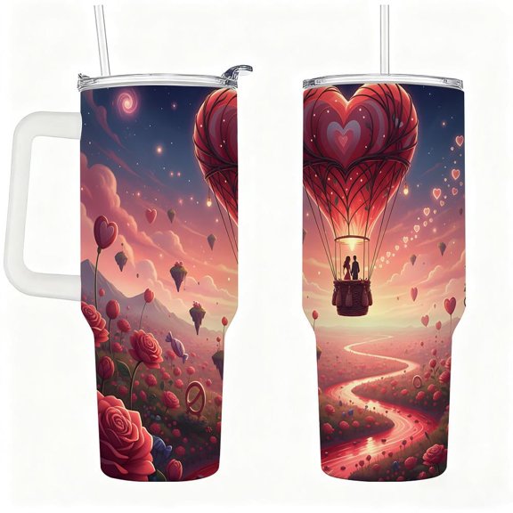 Valentine’s Day Stainless Steel Insulated Travel Cup with Handle and Straw, Romantic Sunset Heart Hot Air Balloon Scene, Hot Cold Drink Tumbler