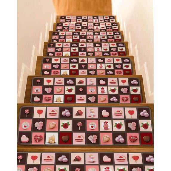 Valentine's Day Stair Treads for Wooden Steps Indoor Runner Rug Carpet, Love Heart Chocolate Rose Plaid 4 Pieces Peel and Stick Staircase Step Treads Covers Washable Throw Door Mats, 30"x8"