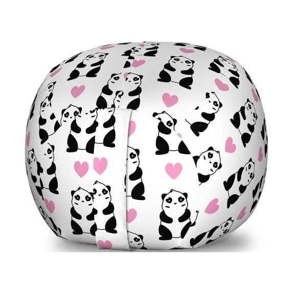 Valentine's Day Storage Toy Bag Chair, Romantic Pandas Hearts Doodle Love Theme Art Pattern, Stuffed Animal Organizer Washable Bag, Small Size, Charcoal Grey Pink and White, by Ambesonne