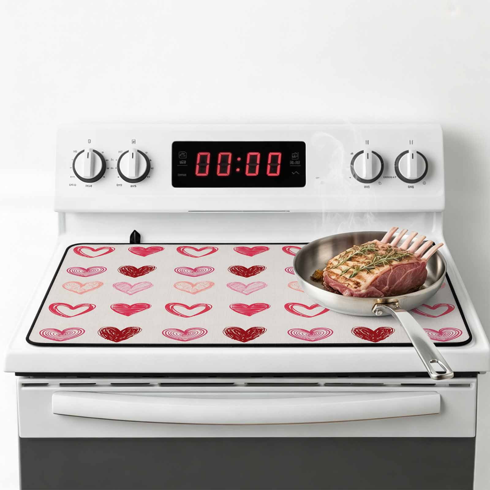 Valentine's Day Stove Top Cover for Electric Stove, Heat-proof & Non Slip Glass Top Stove Cover Protector, Colorful Loves Heart Romantic Beige Kitchen Flat Cooktop Rubber Mat 24x21 Inches