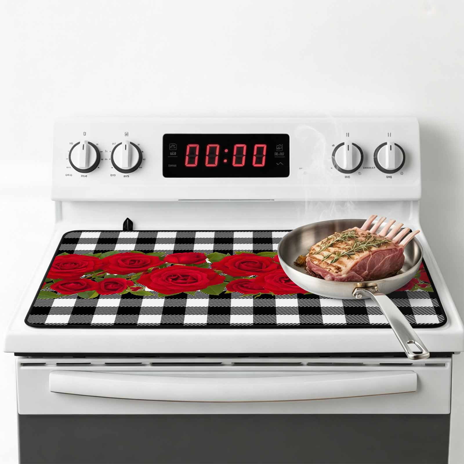 Valentine's Day Stove Top Cover for Electric Stove, Heat-proof & Non Slip Glass Top Stove Cover Protector, Red Roses Floral Leaves Buffalo Plaid Kitchen Flat Cooktop Rubber Mat 24x21 Inches