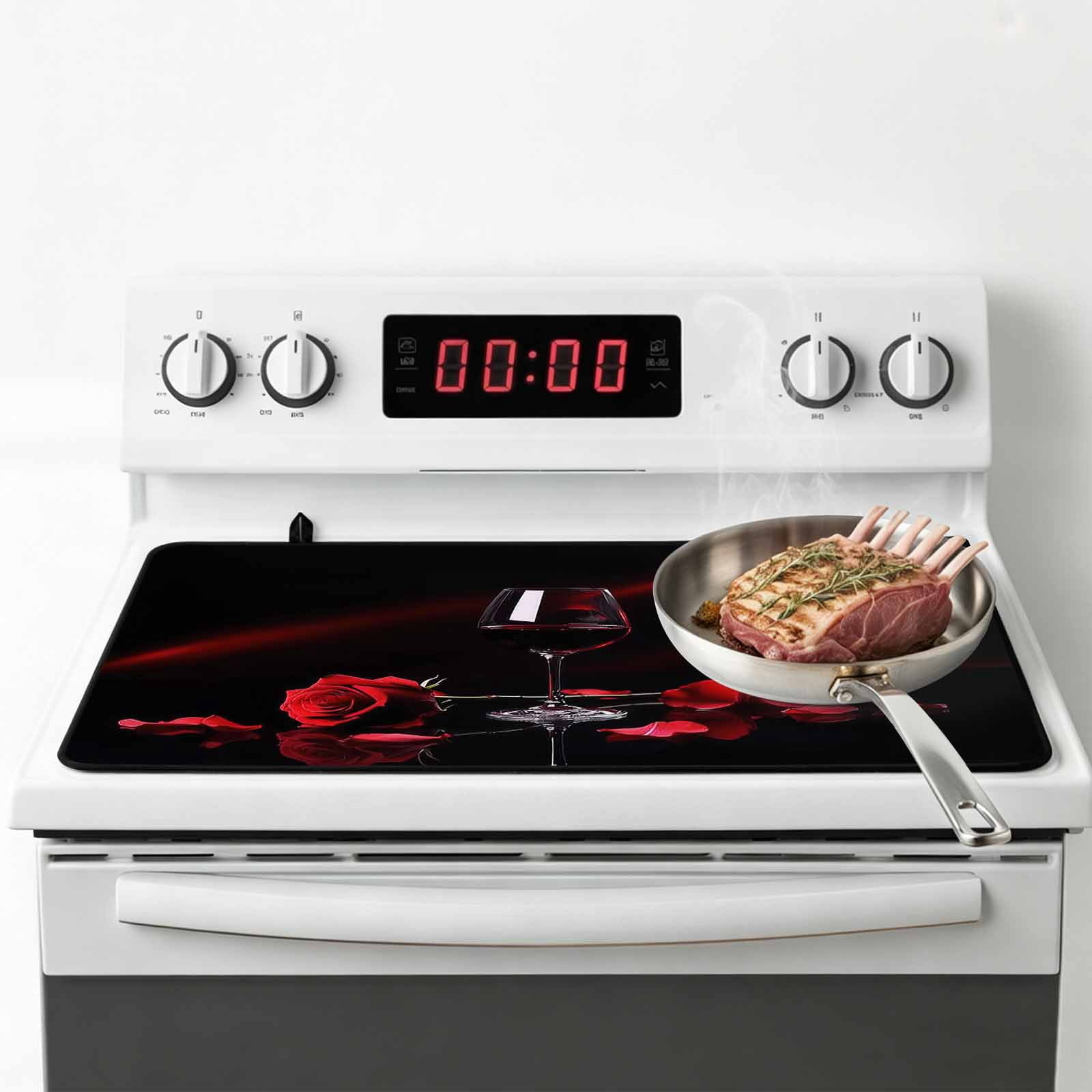 Valentine's Day Stove Top Cover for Electric Stove, Heat-proof & Non Slip Glass Top Stove Cover Protector, Red Roses Floral Romantic Black Spring Kitchen Flat Cooktop Rubber Mat 24x21 Inches
