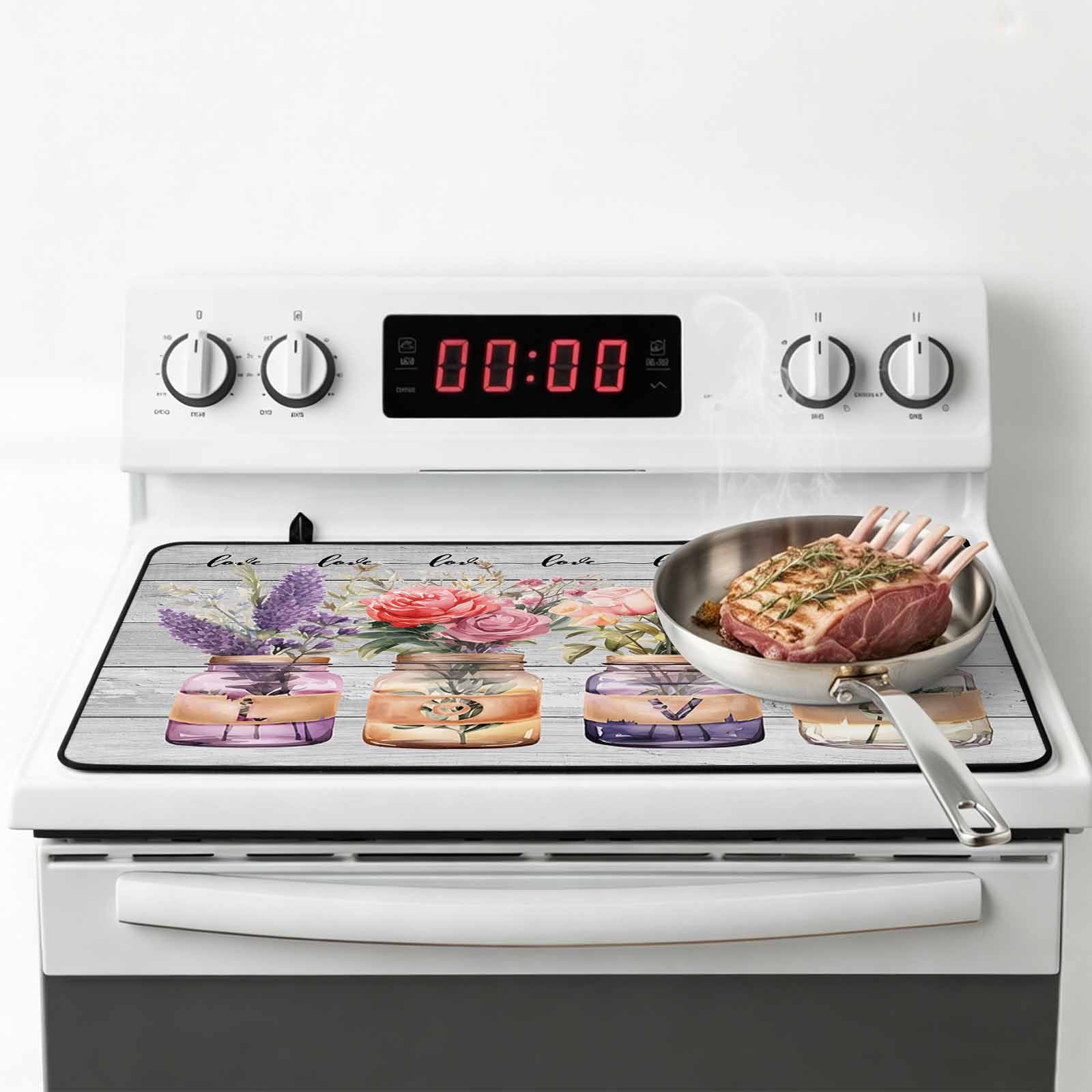 Valentine's Day, Stove Top Cover for Electric Stove, Heat-proof & Non Slip Glass Top Stove Cover Protector, Retro Lavender Roses Flowers Leaves Bottle Kitchen Flat Cooktop Rubber Mat 24x21 Inches