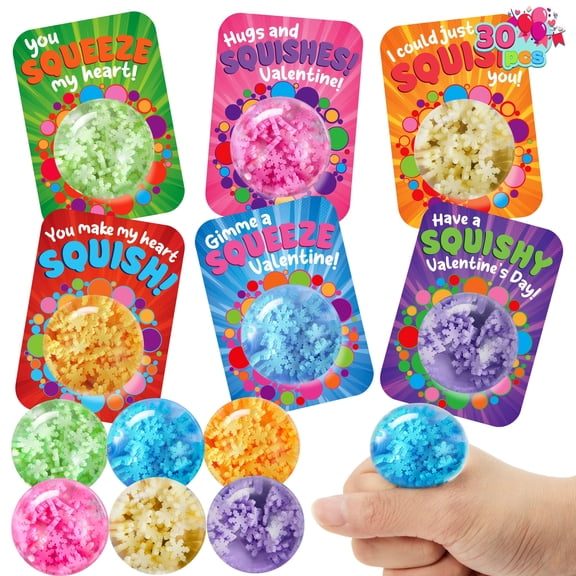 Joyfy 30 Packs Valentine's Day Sensory Stress Balls with Cards for Kids, Snowball Stress Relief for Valentines School Class Exchange Card, Party Favors