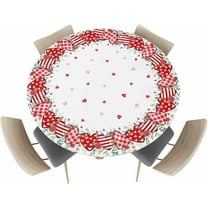 Valentine''s Day Stripe Plaid Love Fitted Round Tablecloth, Eucalyptus Leaves Table Cover with Elastic Edge, Waterproof, 54" (Round), Red Love