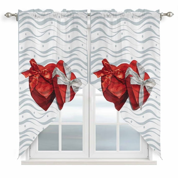 Valentine's Day Swag Curtains for Kitchen/Bedroom/Living Room, Red Love Gift Box Abstract Dots Stripes Scalloped Curtains 63 Inch Long, Window Swag Topper Curtains Valances 2 Panels Set 36"x63"
