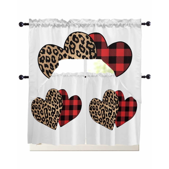Valentine's Day Swag Curtains for Living Room/Bedroom Windows, Loves Red Plaid Leopard Romantic Kitchen Curtains and Valances Set 36 Inch Length, Light Filtering Swags Valance Curtain Panels