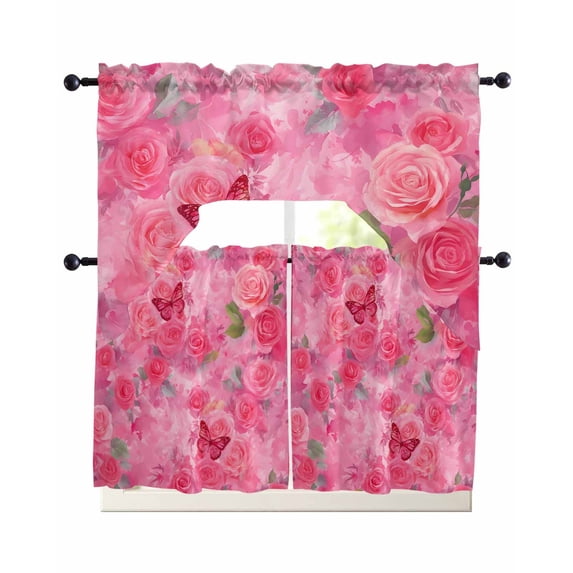 Valentine's Day Swag Curtains for Living Room/Bedroom Windows, Watercolor Roses Flowers Butterfly Romance Kitchen Curtains and Valances Set 36 Inch Length, Swags Valance Curtain Panels